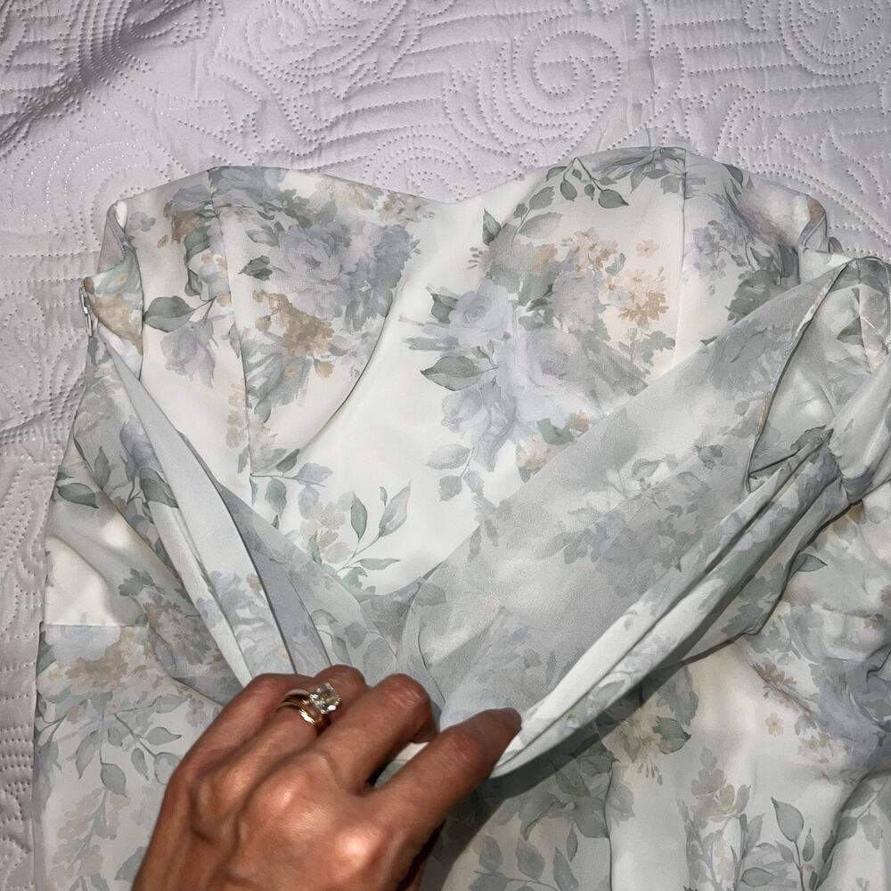 Birdy Grey Kira Dress Size XL Sage Bouquet Floral Chiffon One-Shoulder Slit Gown - Picture 7 of 14